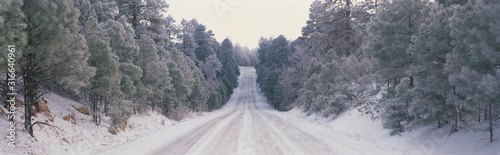 This is Route 64 after it has snowed. There is snow on the trees and several cars have driven over the snowy road as you can see where they have driven. © spiritofamerica