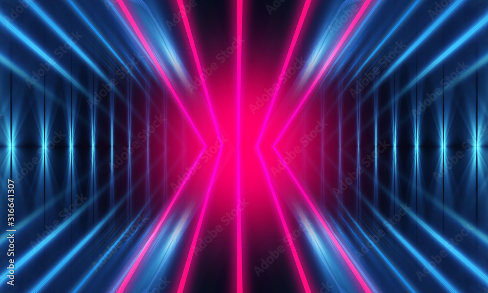 Obraz premium Ciemne tło futurystyczny. Neonowe linie świecą. Neonowe linie, kształty. Wielokolorowa poświata, rozmyte światła, bokeh. Puste tło sceny