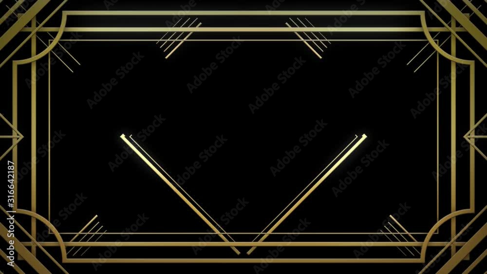 Infinite Looped Gatsby Art deco 20's style animated Frame Tunnel. Gold modern early 20th century ornament builds up and appears on black background. Glamorous template for opener, titles or text