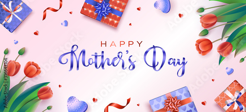 Happy Mothers day greeting card with red tulips, hearts, and gifts on a pink background. Vector illustration in a modern style