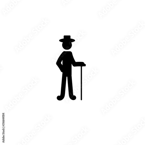 stick man in a hat and with a cane isolated on a white background