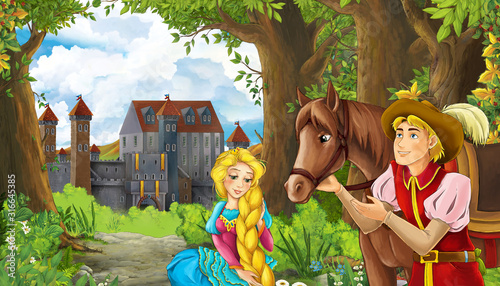 Fototapeta Naklejka Na Ścianę i Meble -  Cartoon nature scene with beautiful castle near the forest and princess - illustration for the children