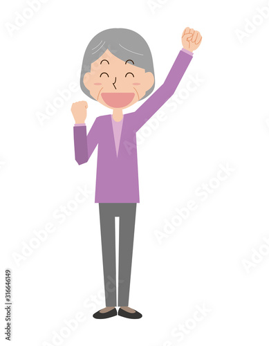 高齢　女性　ガッツポーズ　喜ぶ　嬉い