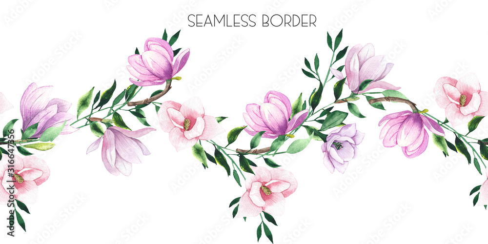 Watercolor floral seamless border with pink and lilac tropical flowers magnolias, green leaves, gold elements. Wedding invitations, greeting cards
