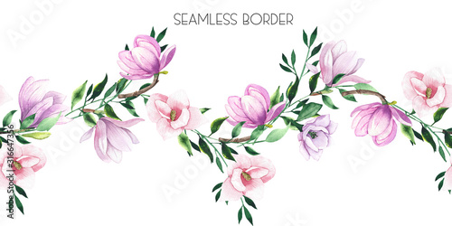 Watercolor floral seamless border with pink and lilac tropical flowers magnolias  green leaves  gold elements. Wedding invitations  greeting cards