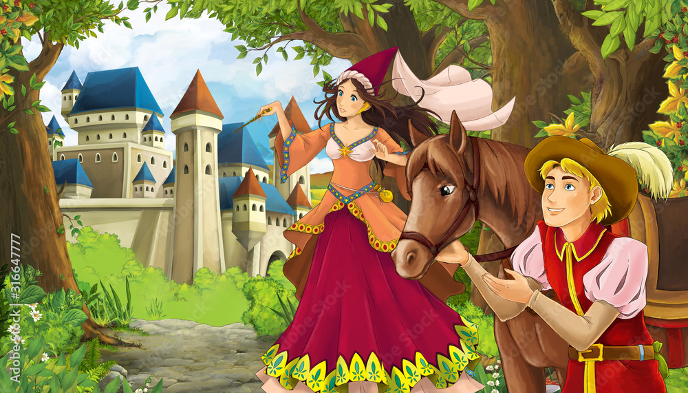 Cartoon nature scene with beautiful castle near the forest and princess - illustration for the children