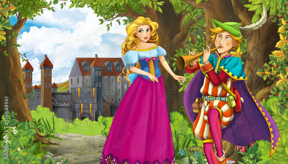 Cartoon nature scene with beautiful castle near the forest and princess - illustration for the children