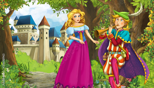 Cartoon nature scene with beautiful castle near the forest and princess - illustration for the children © honeyflavour
