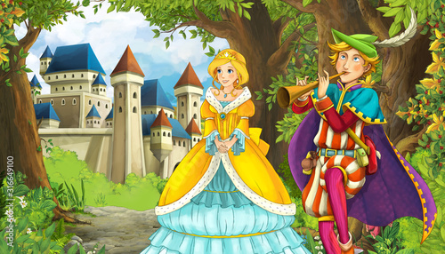 Cartoon nature scene with beautiful castle near the forest and princess - illustration for the children