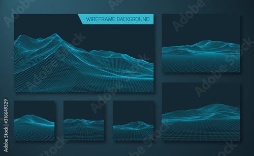 Set of abstract wireframe landscapes. 3D Landscape of the Mountains. Digital Elements for Presentations. Vector Illustration.