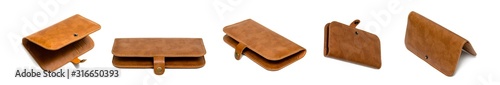 Brown leather business card holder on a white background