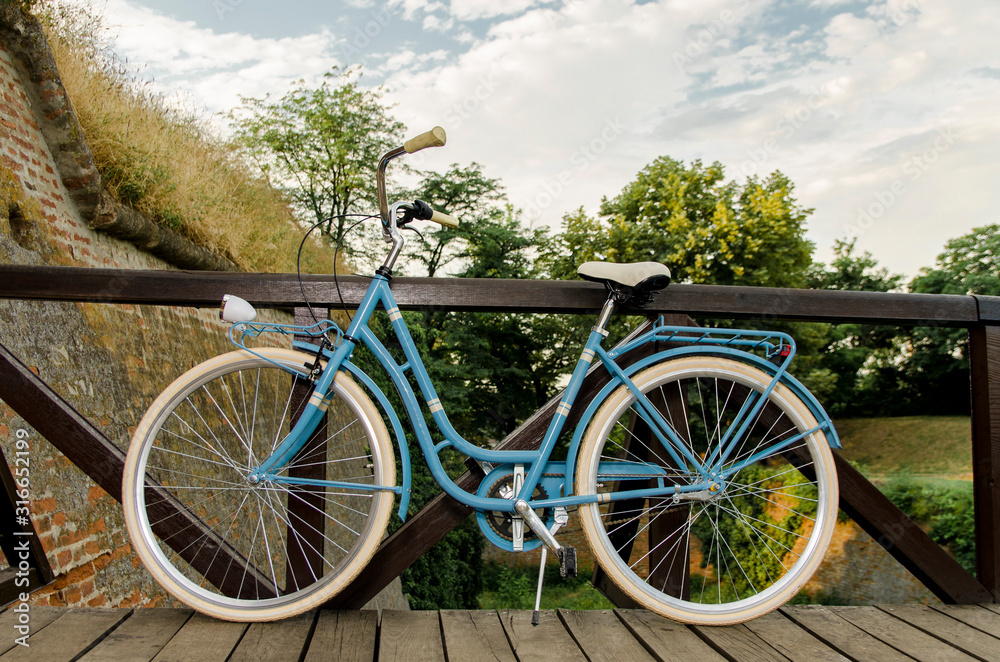 Image of retro looking brand new blue bicycle leaned on wooden bridge 