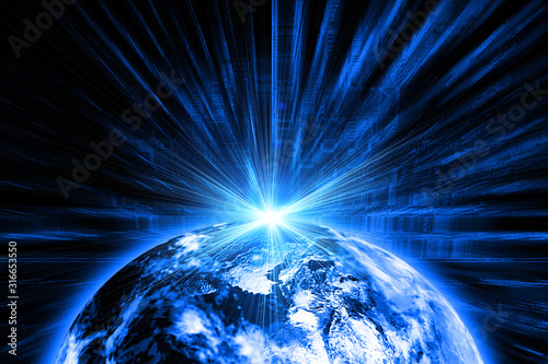 3D render of a cold glowing earth with rays of explosive perspective.