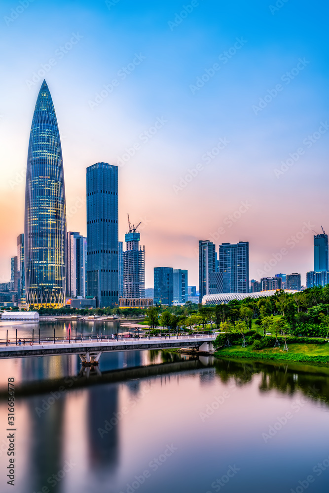 Modern building office building and urban skyline in Shenzhen Financial District..