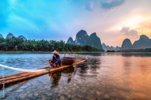Landscape and bamboo rafts of Lijiang River in Guilin, Guangxi..