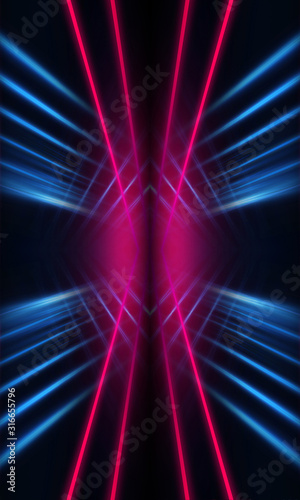 Dark neon background with lines and rays. Blue and pink neon. Abstract futuristic background. Night scene with neon, light reflection. Neon lines, shapes. Multi-colored glow, blurry lights.