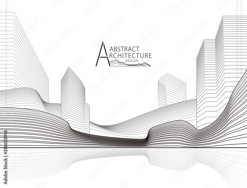 Fototapeta Architektura budynku konstrukcja perspektywiczny projekt, abstrakcyjny nowoczesny rysowanie linii krajobrazu miejskiego.