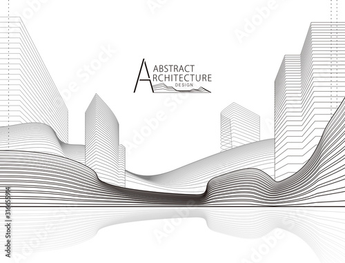 Architecture building construction perspective design, abstract modern urban landscape line drawing.