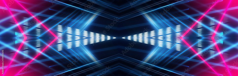 Obraz premium Dark neon background with lines and rays. Blue and pink neon. Abstract futuristic background. Night scene with neon, light reflection. Neon lines, shapes. Multi-colored glow, blurry lights.