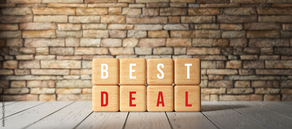 cubes with the words BEST DEAL in front of a brick wall