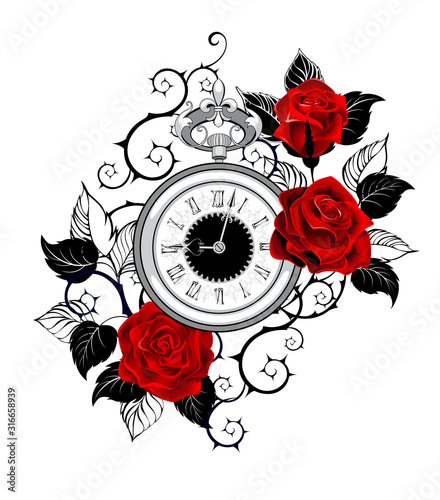 Contour clock with red roses