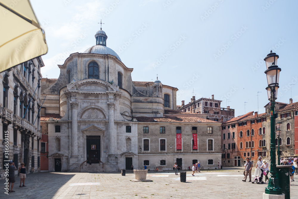 VENICE, ITALY - JUNE 15, 2016 View to San Geremia church (Chiesa di San Geremia) on San Geremia square (campo San Geremia), located in the sestiere of Cannaregio, Venice, Italy