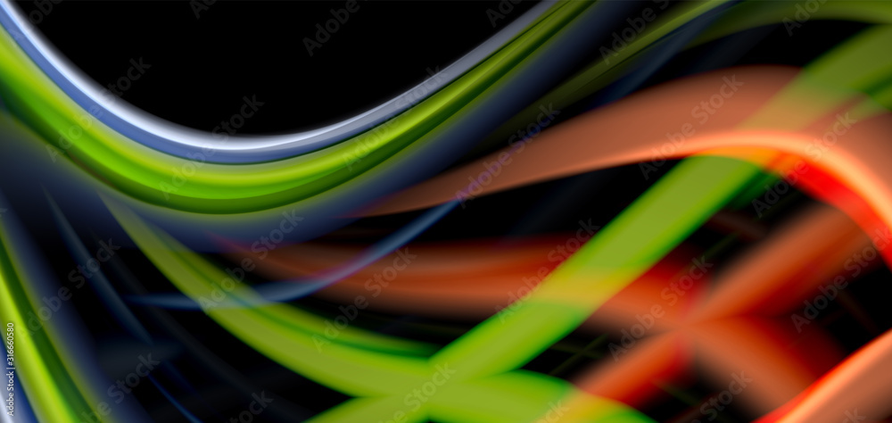 Fototapeta premium Abstract silk smooth lines on black, multicolored liquid fluid rainbow style waves on black