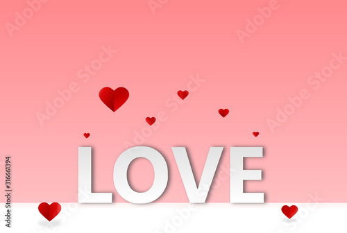 Paper art concept contains many shape of paper cutting element such as LOVE text on pink background. Symbol of love for Happy Women's, Mother's, Valentine's Day, birthday greeting, Poster, invitation 