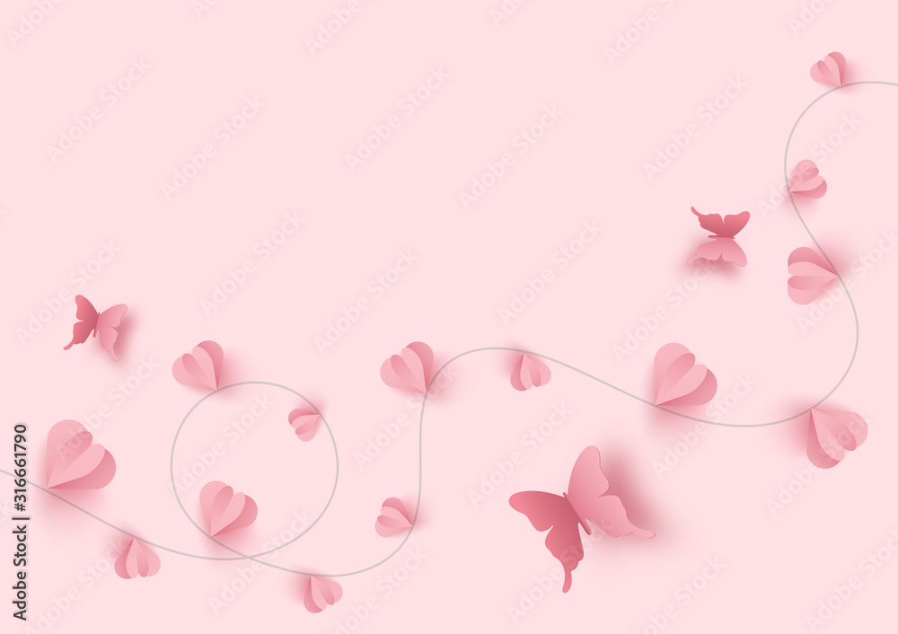 Paper art of happy valentine's day and love vector background and poster design with origami heart and butterfly.Illustration eps10.