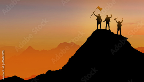 Silhouette of Businessman team, Group of peoples standing on mountain © Naypong Studio