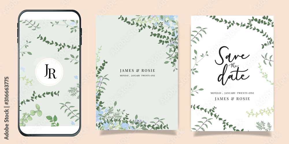 Summer Flower Wedding Invitation set, floral invite thank you, rsvp modern card Design in blue flower and leaf greenery  branches with blue background decorative Vector elegant rustic template