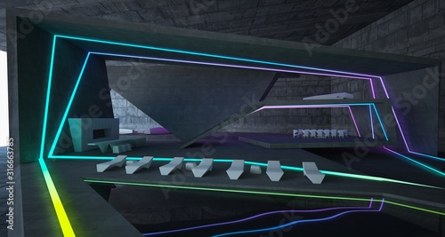 Abstract architectural concrete interior of a minimalist house with colored neon lighting. 3D illustration and rendering.