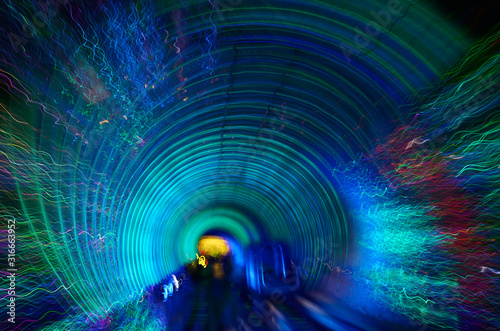 Photography Automated cab car with blue lights in the Bund Sightseeing Tunnel under the Huan