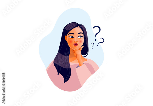 Thinking girl. Beautiful face, doubts, problems, thoughts, emotions. Curious woman questioning, question mark. Vector illustration