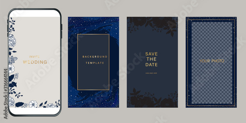 Navy Blue Luxury Wedding Invitation, floral invite thank you, rsvp modern card Design in gold flower with  leaf greenery  branches decorative Vector elegant rustic template