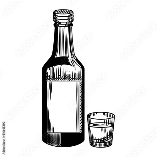 Soju bottle and shot isolated on white background.