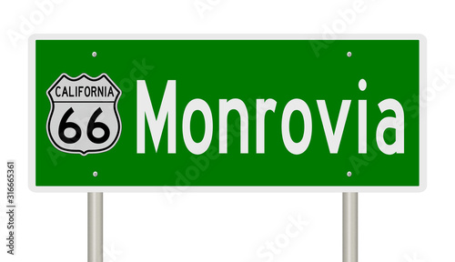 Rendering of a green 3d highway sign for Monrovia California on Route 66 photo