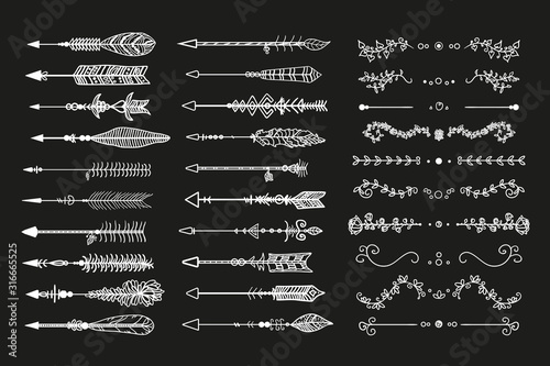 Hand drawn arrows and dividers. Abstract decor elements. Set of different objects. Black and white illustration