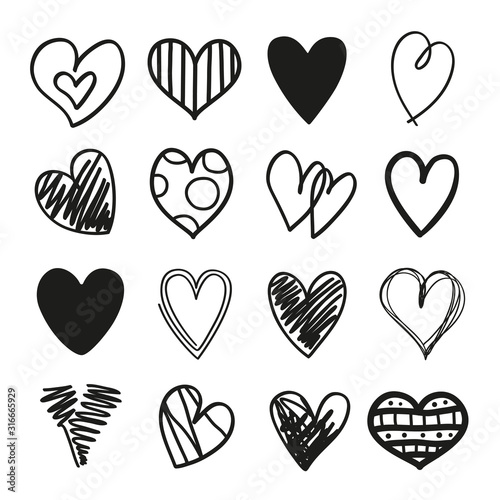 Many black hearts on isolated white background. Set of elements for design. Black and white illustration