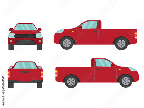 Set of red pickup truck single cab car view on white background,illustration vector,Side, front, back