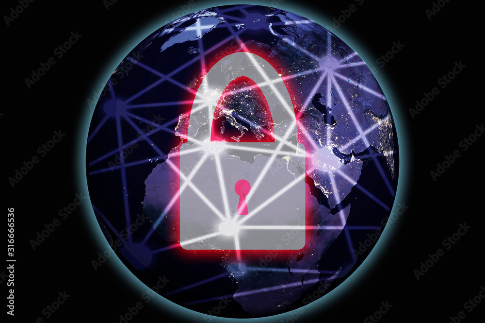 Globe, padlock red lock, network lines. Data protection concept. Globe, padlock red lock, network lines. Data protection concept.