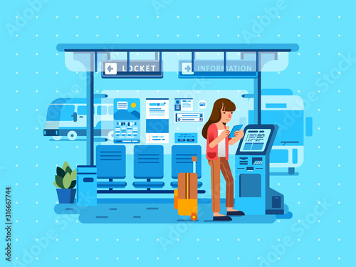isometric illustration of women holding smartphone and waiting bus in bus station with suitcase beside and bus station interior as background