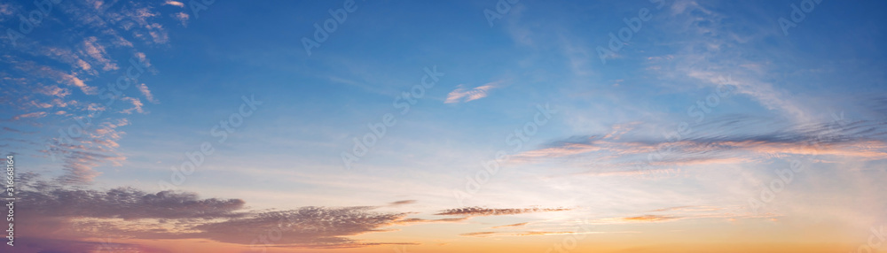 Panorama of Dramatic vibrant color with beautiful cloud of sunrise and sunset. Panoramic image. - obrazy, fototapety, plakaty 