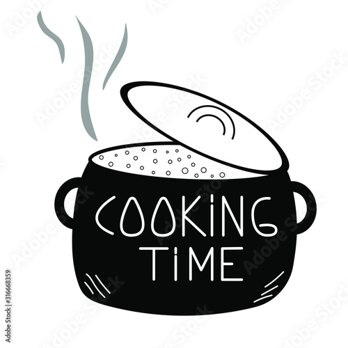 Saucepan with text cooking time in black vector illustration.