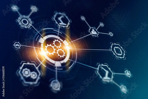 Automation system. Optimisation of business and industrial process workflow. Development of sofware for automatization managment. Gears and cogwheels.