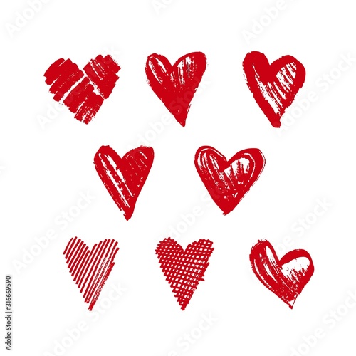 Red hearts isolated. Ink brush hand drawing. Set of symbols for love, marriage, gift, Valentines Day. Vector