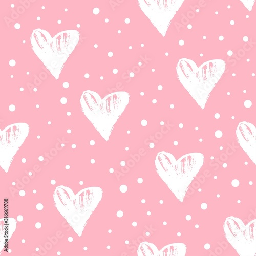 Dotted seamless pattern with hearts handdrawn. Cute vintage repeated design. Great for pink Valentines day and wedding. Vector 