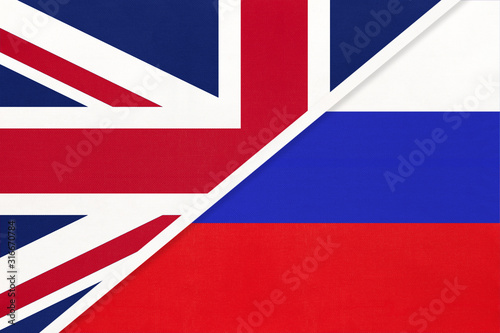 United Kingdom vs Russia national flag from textile. Relationship between two european countries.