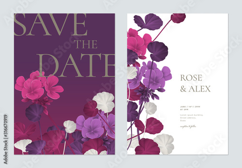 Floral wedding invitation card template design, Pelargonium zonale flowers with leaves in purple tones