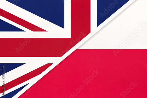 United Kingdom vs Poland national flag from textile. Relationship between two european countries.